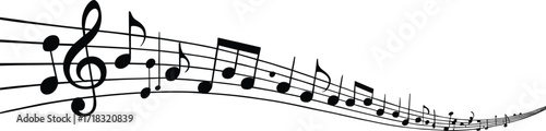 Musical staff with flowing notes, treble clef design, abstract melody wave, rhythm pattern, artistic music concept, harmony illustration background