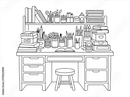 Illustration of a Tidy Workspace with Bookshelves and Art Materials