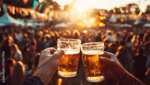 Two friends clink beer glasses at a music festival at sunset.