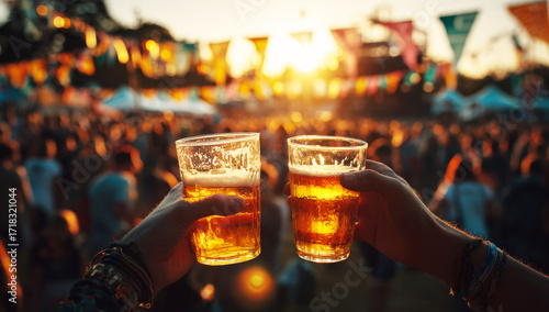 Two friends clink beer glasses at a music festival at sunset.