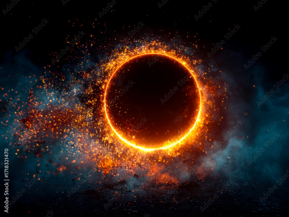 Obraz premium Fiery solar eclipse with glowing corona and cosmic particles