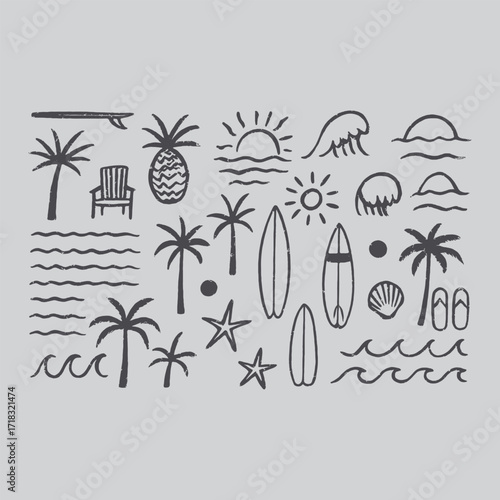 Summer Beach Elements - Palm Trees, Waves, and Sun Illustrations