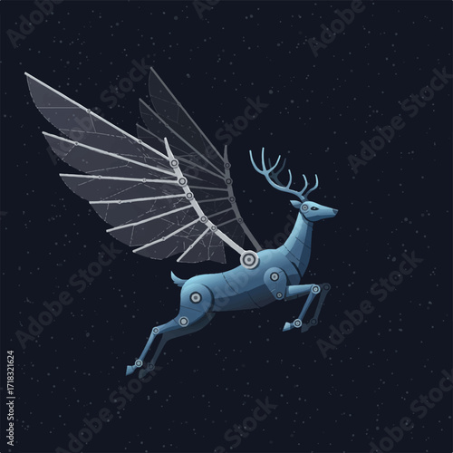 A mechanical deer with transparent wings flies through a starry night sky