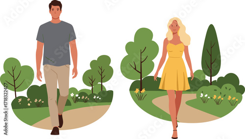 Peaceful park walk, nature scene, springtime leisure, walking paths, blooming flowers, outdoor lifestyle, healthy activity, serene environment, seasonal beauty, tranquil moment