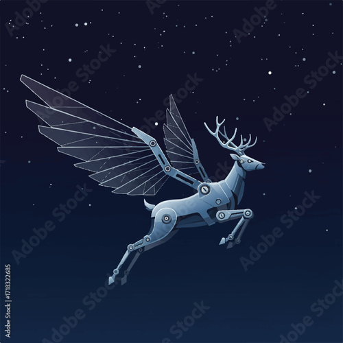 A mechanical deer with wings flies through a starry night sky