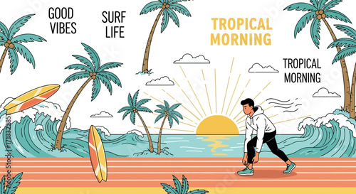 Tropical paradise illustration with surfer, palm trees, beach and a man tying his shoes