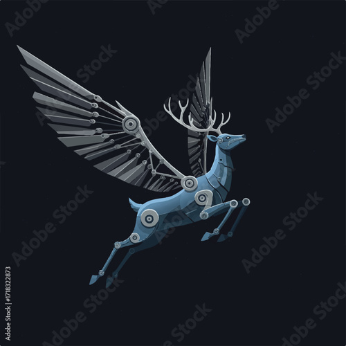 A mechanical deer with wings leaps against a dark starry sky