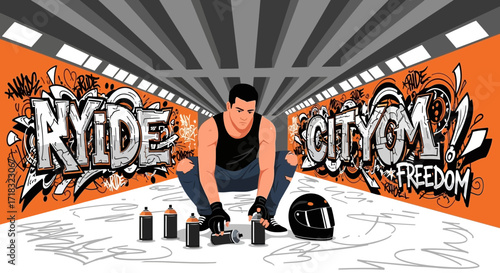 Urban artist crouched with spray cans beside graffiti art in an underground space