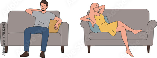 Relaxed lifestyle, casual home seating, modern interior, cozy atmosphere, leisure time, comfortable posture, minimalist furniture, living room, people resting, cushions
