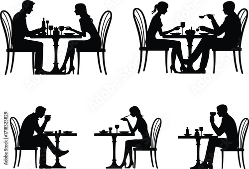 Restaurant silhouette, dining couple, romantic dinner, solo drinker, café scene, black and white, social interaction, table setting, wine glass, illustration
