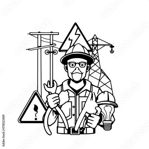 “Clean, stylized line art graphic showing elements of electrical work: utility pole, warning sign with lightning, power tower, electrician with hard hat, pliers, screwdriver and wrench, caliper, linem