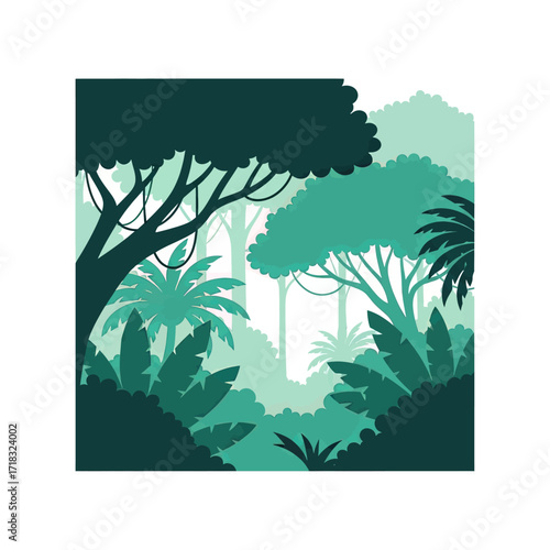 A stylized vector illustration of a dense jungle landscape with layered trees, palms, and foliage in shades of green.