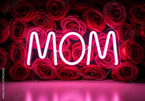 Neon light sign spelling “MOM” with rosesbaby
