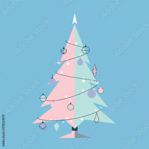 A pastelcolored Christmas tree with ornaments and lights on a blue background