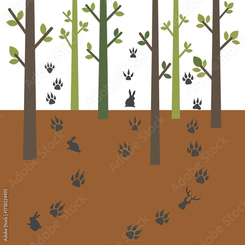 A whimsical forest scene with animal tracks and silhouettes of rabbits and deer.