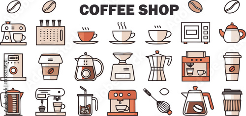 Coffee shop equipment icons arranged in a grid pattern showcasing various brewing methods and tools