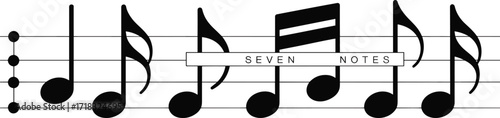 Seven musical notes on staff, black quarter and eighth notes, music banner design, abstract melody concept, minimalist music illustration