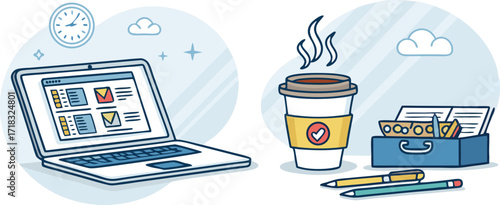 Laptop and coffee cup illustration representing productivity and organization in a modern workspace