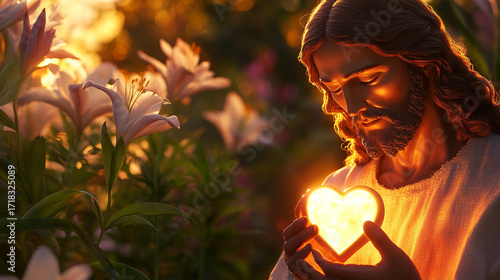 Close-up of Jesus holding a glowing heart, with softly glowing lilies and vibrant greenery framing the scene