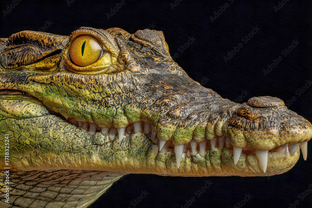 Fototapeta premium Detailed close-up of a crocodile's head showcasing textured scales, sharp teeth, and a vibrant yellow eye against a dark background
