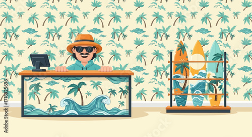 A cheerful surf shop employee welcomes customers amidst a tropical paradise ambiance