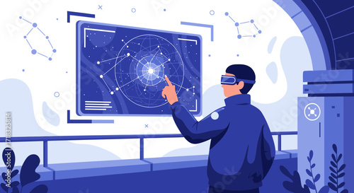 A man wearing VR headset interacting with a futuristic holographic display in a space station or