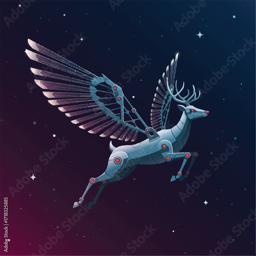 A pixel art robotic deer with mechanical wings flies through a starry night sky