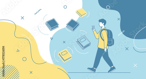 A student with a backpack walking surrounded by books and geometric shapes on a colorful background