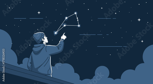 A young man gazes at a constellation in the dark night sky filled with stars and clouds