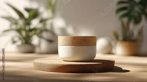 Wallpaper Mural White Cosmetic Jar with Wooden Lid on Wooden Podium in Minimalist Interior Torontodigital.ca