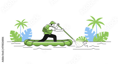 Adventurous explorer paddles raft through lush jungle river with tropical flora surrounding the