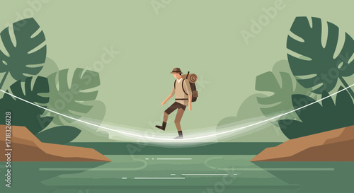 Adventurer traversing a jungle river on a rope bridge for an exciting expedition