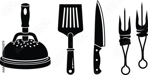 Black silhouette of kitchen utensils including a plunger a spatula a knife and two forks