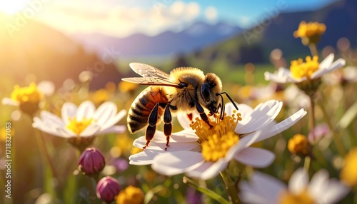 Fototapeta Naklejka Na Ścianę i Meble -  Honeybee on a flower, sunny meadow