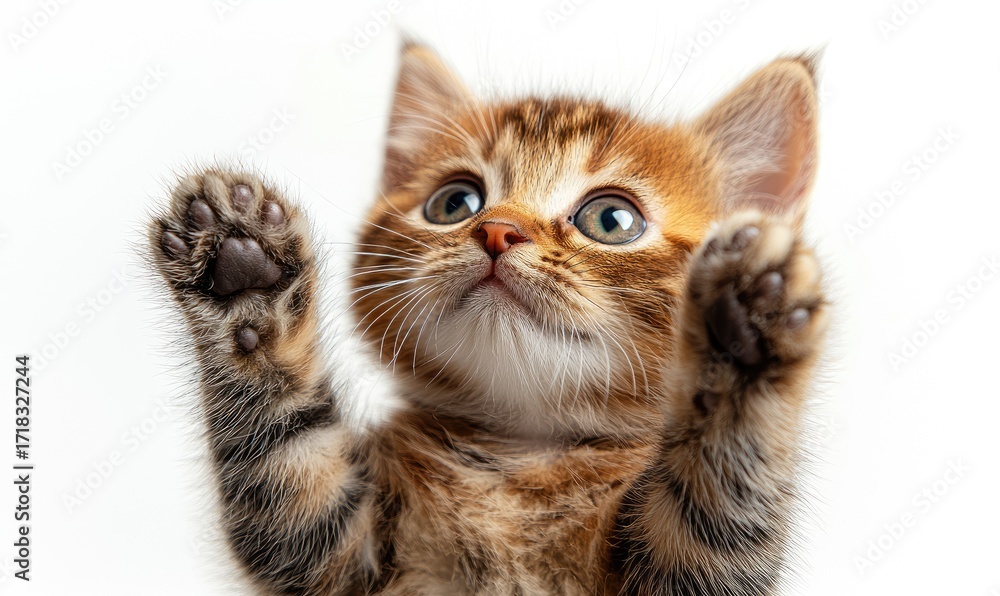 Fototapeta premium A ginger kitten with paws outstretched, looking upwards