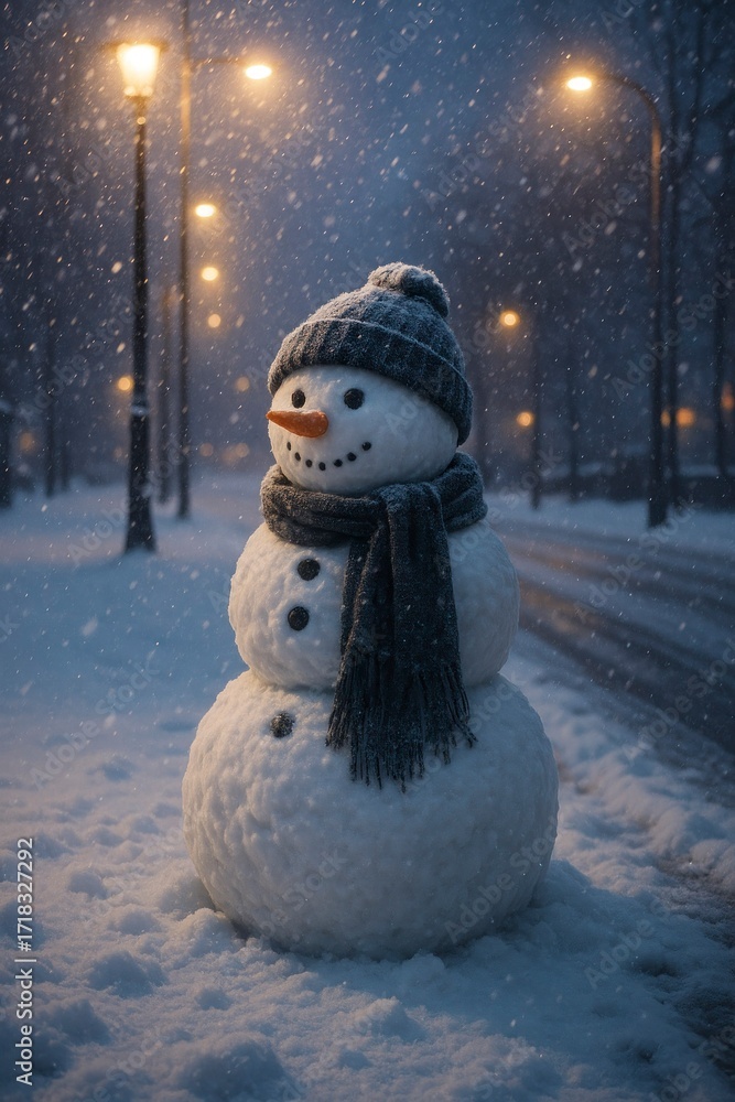 Fototapeta premium Snowman during Evening Snowfall