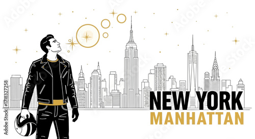 Biker in New York City with cityscape background showcasing the spirit of adventure