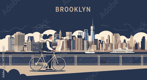 Brooklyn skyline vector illustration with cyclist reading a newspaper in the foreground urban
