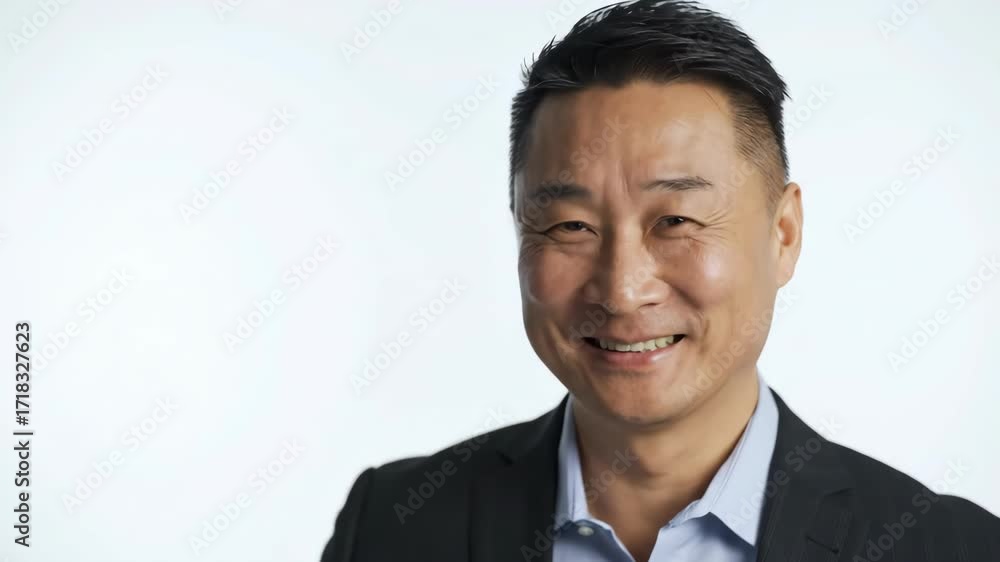 Smiling Asian man in business suit portrait. Happy professional businessman on white background.