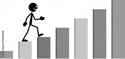 Stick figure climbing bar chart, business growth concept, success steps, career progress, upward movement, motivation, achievement, improvement, analytics, strategy