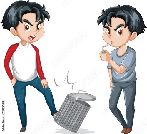 Angry Teenager Kicking Trash Can and Smoking Cigarette