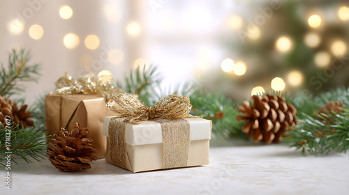 Christmas gift boxes with fir tree branches on light background. Festive holiday decoration, cozy winter and seasonal concept.