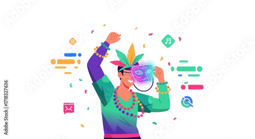 Celebrating Mardi Gras in style with a vibrant mask and festive confetti illustration