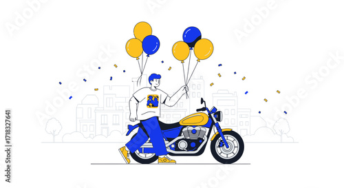 Celebrating freedom and joy a young man with balloons rides a classic motorcycle through the city