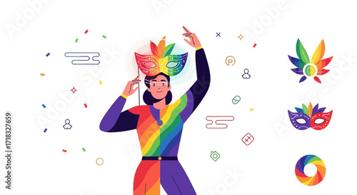 Celebration of Pride: Colorful illustration of a person wearing a rainbow mask at pride parade