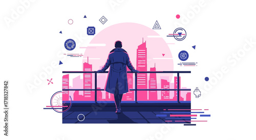 Conceptual cityscape illustration with a contemplative figure observing the urban skyline vector