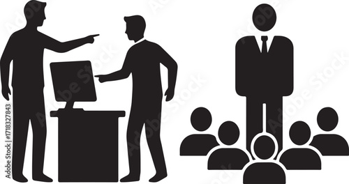 Business Meeting with Computer and Manager Overseeing Team Silhouettes office