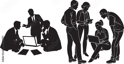 Business people in silhouette collaborating around laptops and documents in office setting