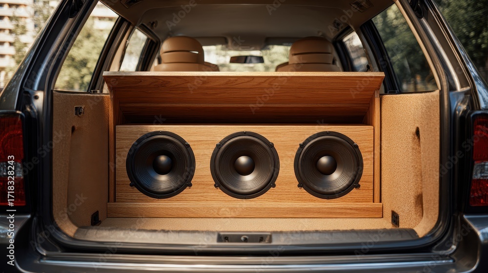 Obraz premium Car Subwoofer. Audio System with Sound Speakers and Bass Subwoofer in Car Trunk