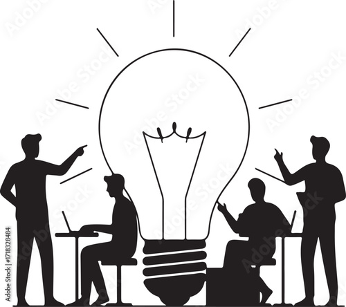 Business team collaborating around a large glowing light bulb silhouette idea innovation
